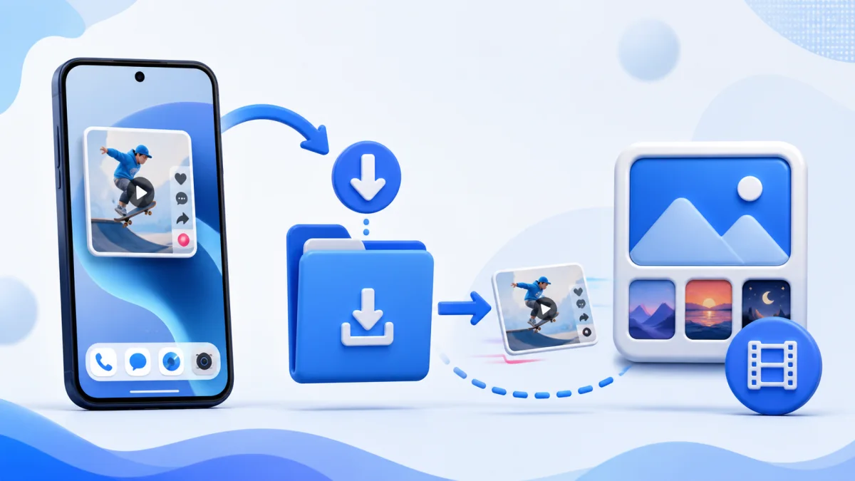 Minh họa tìm video TikTok trong thư mục Downloads và chuyển sang thư viện trên Android