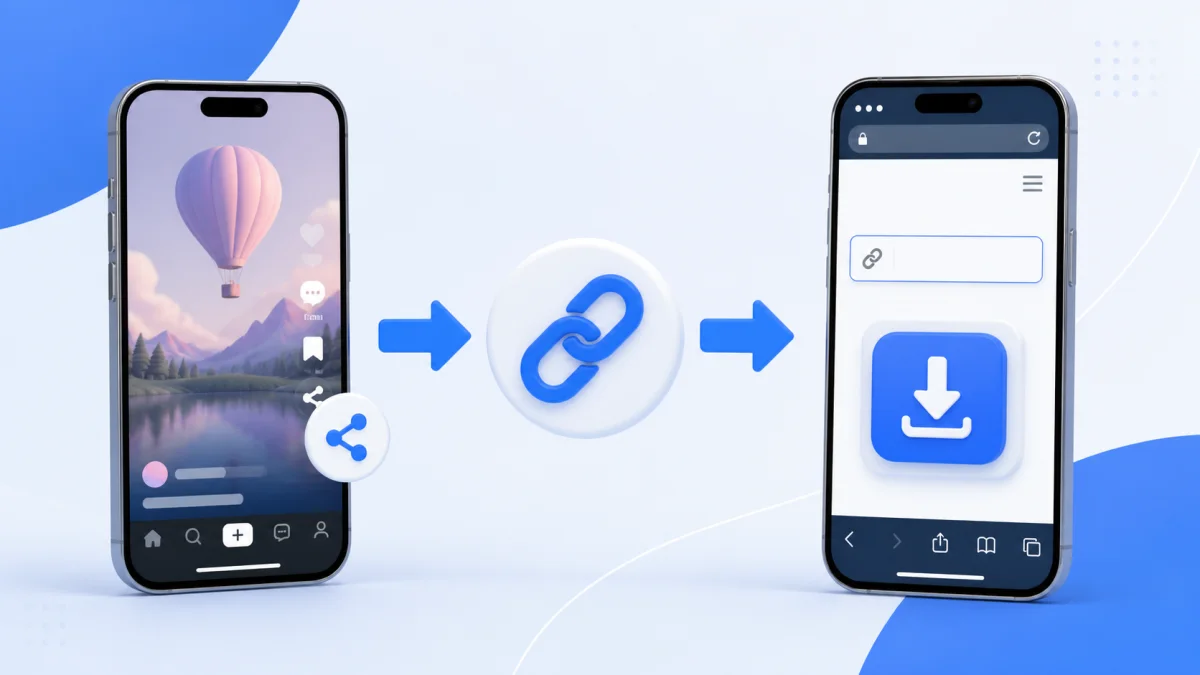 Minh họa các bước sao chép liên kết và tải video TikTok bằng Safari trên iPhone