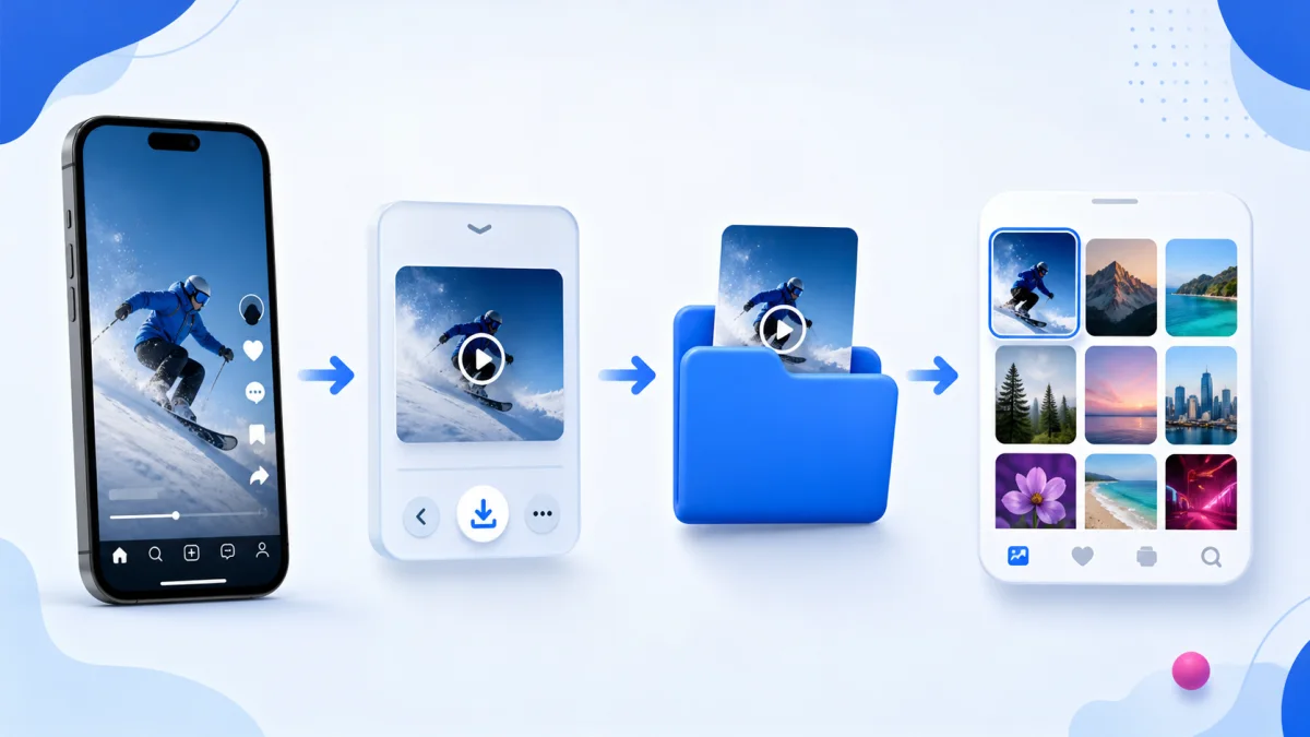Minh họa tìm video đã tải trong ứng dụng Tệp và chuyển sang Ảnh trên iPhone