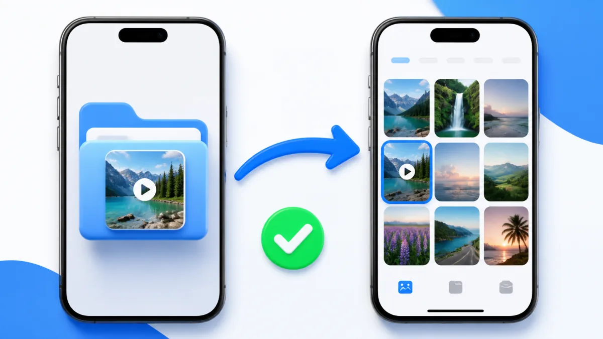 Minh họa chuyển video YouTube từ ứng dụng Tệp sang Ảnh tr&ecirc;n iPhone