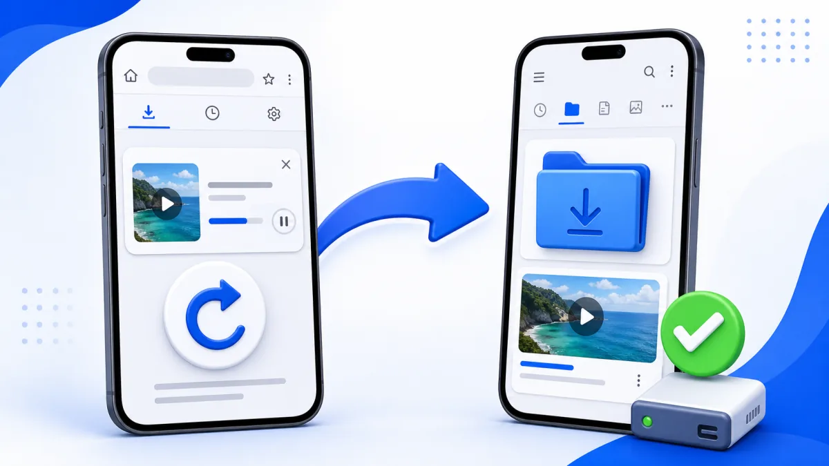 Minh họa kiểm tra lượt tải trong tr&igrave;nh duyệt v&agrave; t&igrave;m video trong thư mục Downloads