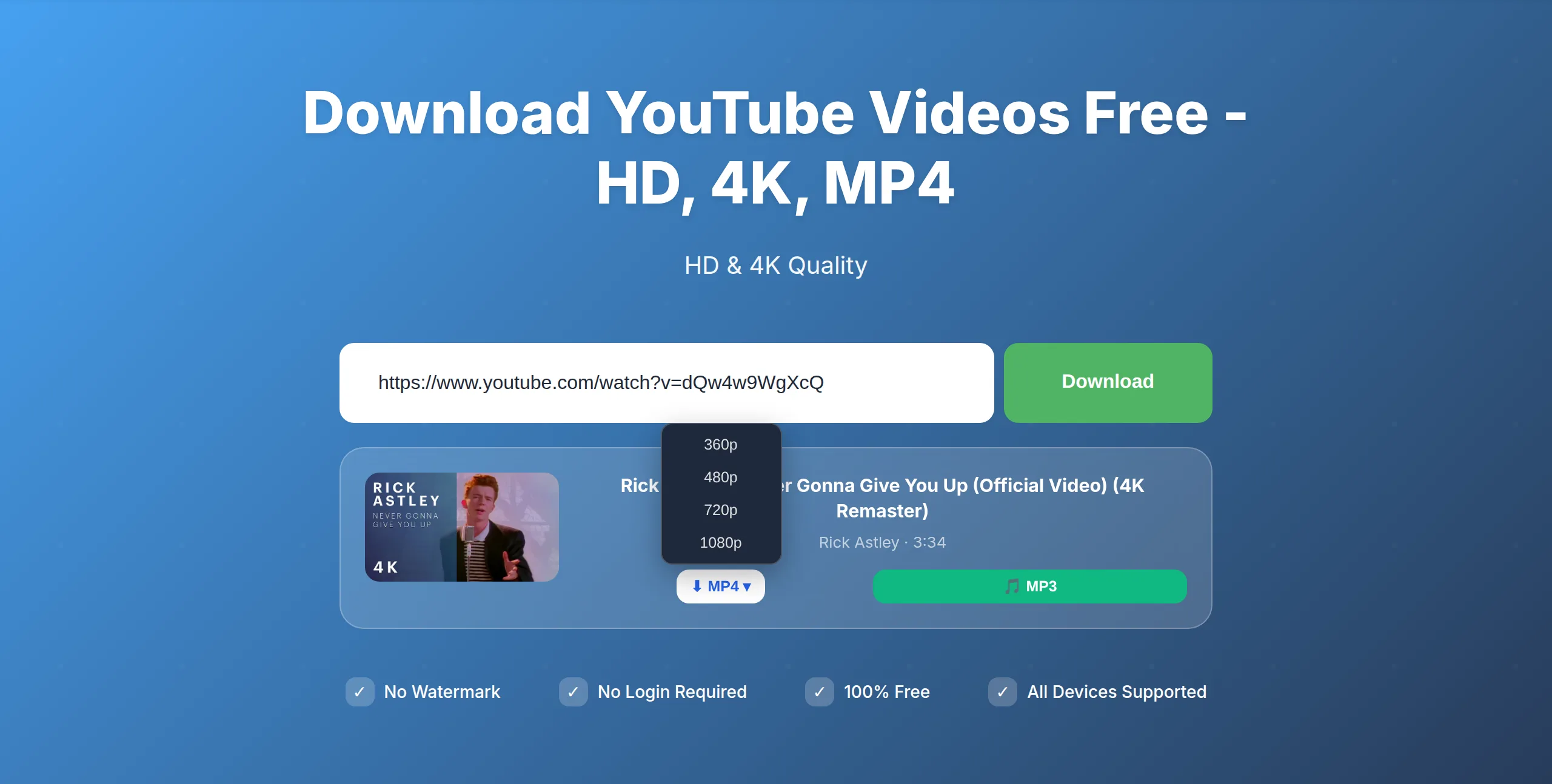 Snap3S quality picker showing 360p to 4K options for a YouTube video